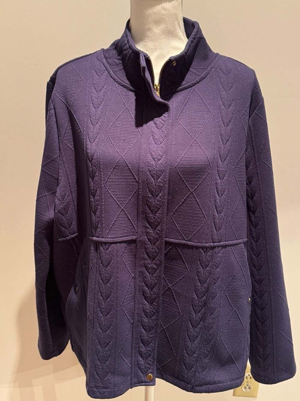 Laurel Grey Purple Cable Knit Full Zip Cardigan Sweater XXL